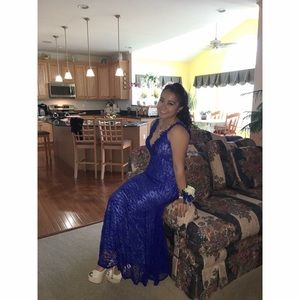 Blue open back prom dress